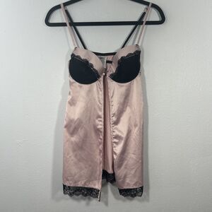 3 Suisses Slip Dress Women 32C Pink Satin Lace Trim Babydoll Lingerie Y2k 90s